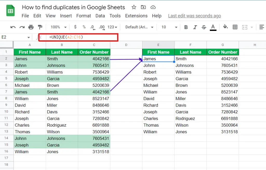 Google Sheets eleminates duplicates and extract unique data