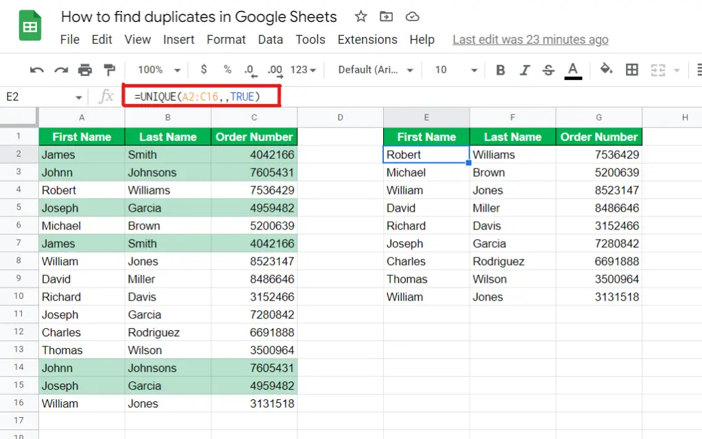 Google Sheets extract only the record with no duplicates