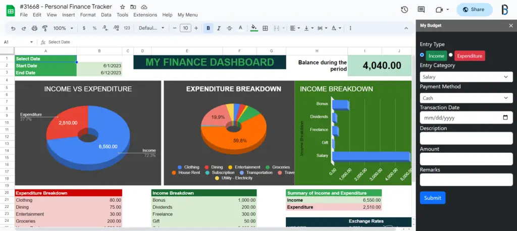 Dashboard: Google Sheets Budget Template