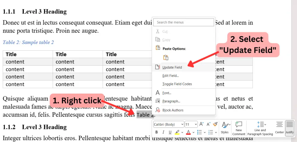 How to Link Word Table Caption to Document Body Updating fields