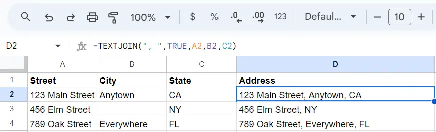 Use TEXTJOIN function to combine columns in Google Sheets