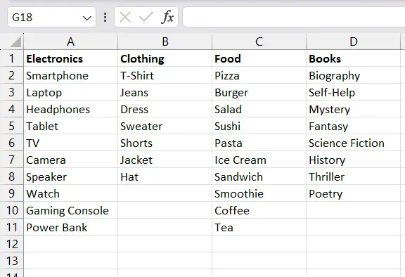 Items for dependent dropdown list in Excel