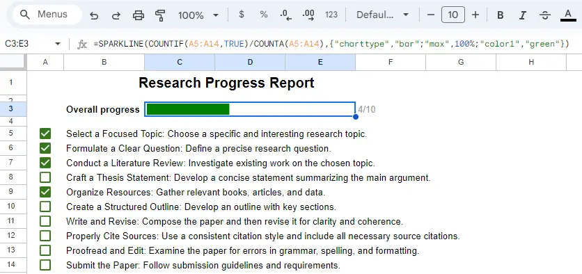 Add Overall Progress Bar to Checklist in Google Sheets bpwebs 1