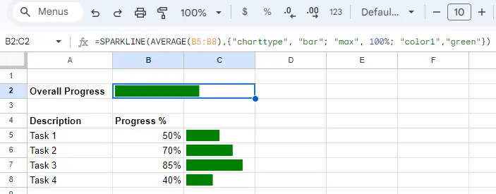 progress bars in google sheets - Overall progress bar for your tasks list