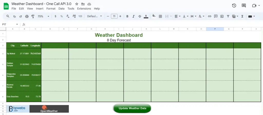 Weather Dashboard in Google Sheets - Template