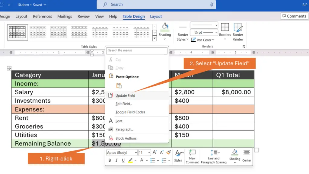 Basic Calculations in Microsoft Word Tables Update a Single Fields